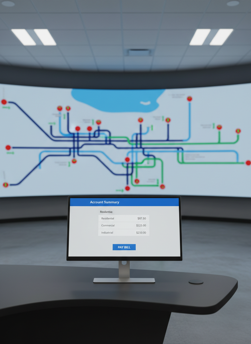 A modern municipal operations control room focused on a large, high-resolution wall display showing a stylized map of a lakeside county sanitary sewer network, with color-coded underground pipelines, pump stations, and flow indicators. In the foreground, a sleek dark-gray workstation desk holds a thin, silver monitor displaying a clean online billing dashboard with clear account balances and a prominent “Pay Bill” button. Cool, even overhead LED lighting creates soft reflections on the matte surfaces, emphasizing a professional, trustworthy atmosphere. Photographic realism, eye-level composition with slight depth of field so the interface is sharp while the background control wall is gently blurred, conveying reliability, organization, and modern infrastructure management.