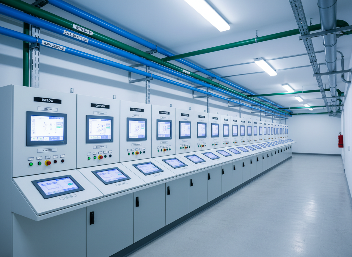 An interior utility room housing a row of meticulously maintained sanitary sewer control panels and monitoring equipment, all in clean white and light gray finishes with crisp, readable digital displays. Color-coded pipes in blue, green, and gray run neatly along the walls and ceiling, each labeled with simple, legible markers. Cool, bright fluorescent-style lighting evenly illuminates the room, highlighting the orderliness and safety of the space. Photographic realism with a slightly wide, eye-level angle shows the full run of panels receding into the distance, creating a sense of depth, precision, and professional oversight of the sewer system’s operation.