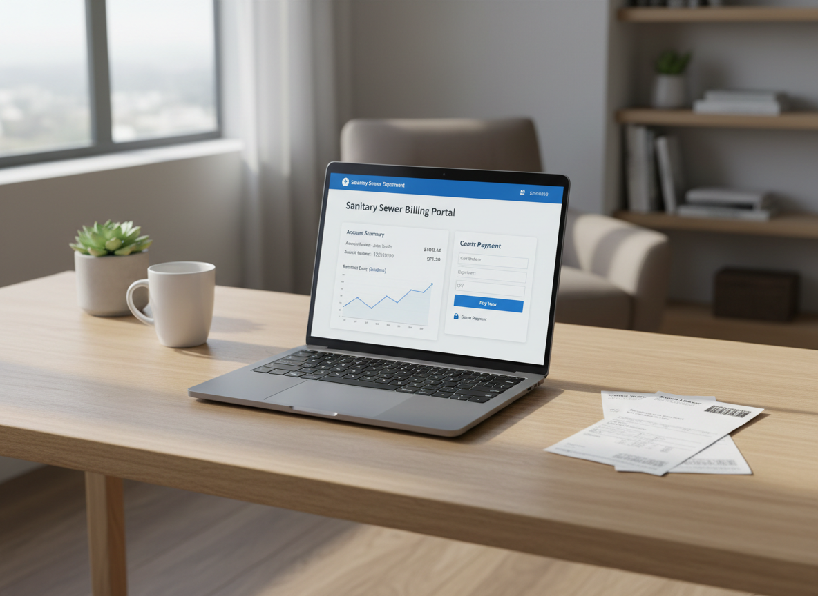 A sleek laptop on a tidy, light wood desk in a bright, modern home office, its screen showing a clean, professional sanitary sewer billing portal with account summary, recent usage graph, and a secure payment form. Next to the laptop, a neatly stacked set of paper utility bills labeled “Sanitary Sewer” sits on the desk, with only header text and layout visible, no personal data. Soft morning daylight filters through a nearby window, casting gentle shadows and a calm, organized feel. Photographic realism, shot from a slightly elevated three-quarter angle, with sharp focus on the laptop screen and mild background blur, emphasizing convenience, clarity, and secure online bill payment.